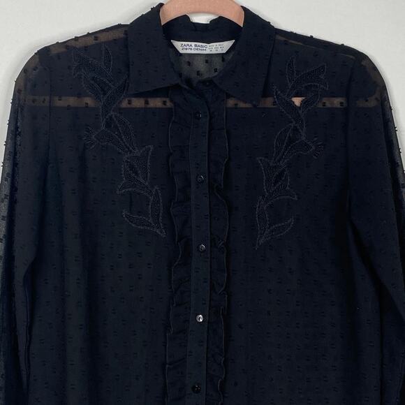 2/$30 ZARA Embroidered Ruffle Button-Down Sheer Blouse XS Floral Black #6267 - Picture 4 of 14